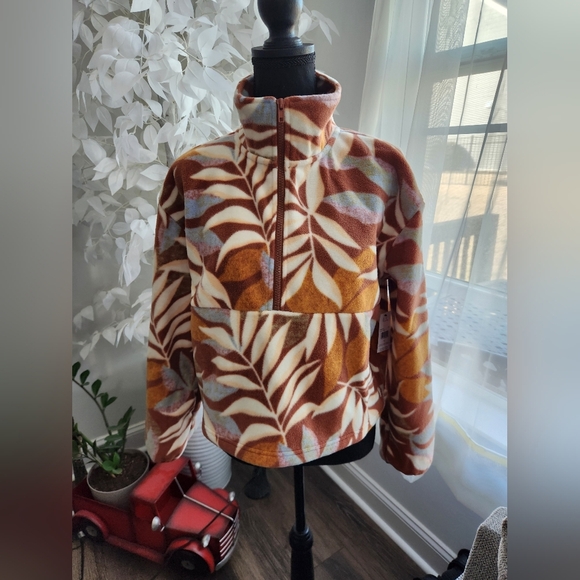 Billabong Casual Fling Crop Top Pullover Leaf Patterned Fleece Jacket Size Small - Picture 1 of 12